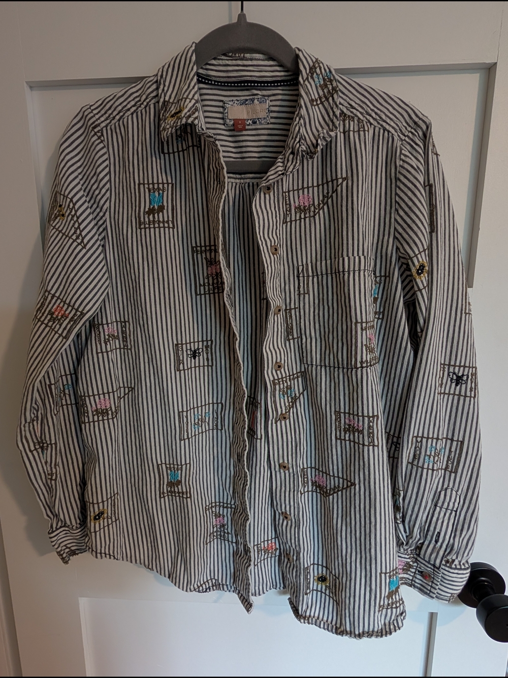 100% Cotton Striped Embroidered Button-Up Shirt Black White Pastel Floral Accent